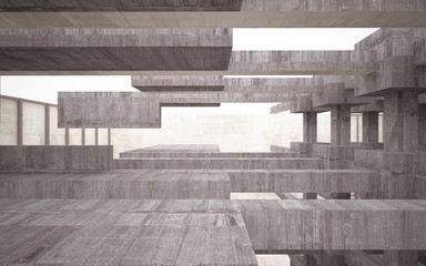 Abstract white and brown concrete interior multilevel public space with window. 3D illustration and rendering.