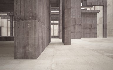 Abstract white and brown concrete interior multilevel public space with window. 3D illustration and rendering.