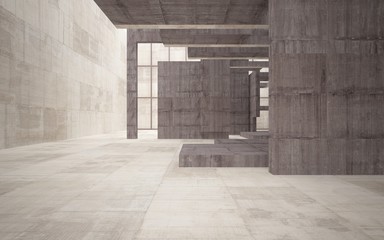 Abstract white and brown concrete interior multilevel public space with window. 3D illustration and rendering.