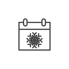 Winter day calendar outline icon. linear style sign for mobile concept and web design. Calendar with snowflake simple line vector icon. Symbol, logo illustration. Pixel perfect vector graphics