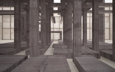 Abstract white and brown concrete interior multilevel public space with window. 3D illustration and rendering.