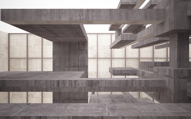 Abstract white and brown concrete interior multilevel public space with window. 3D illustration and rendering.