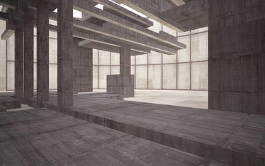 Abstract white and brown concrete interior multilevel public space with window. 3D illustration and rendering.