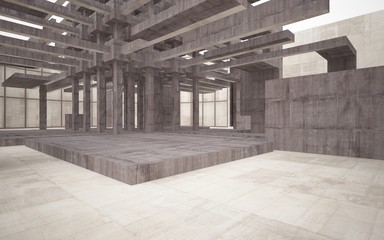 Abstract white and brown concrete interior multilevel public space with window. 3D illustration and rendering.