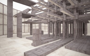 Abstract white and brown concrete interior multilevel public space with window. 3D illustration and rendering.