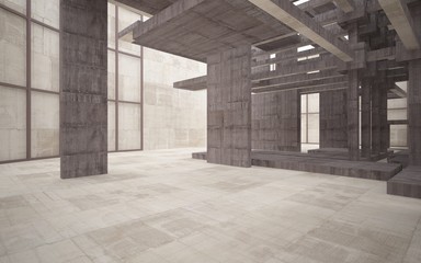 Abstract white and brown concrete interior multilevel public space with window. 3D illustration and rendering.