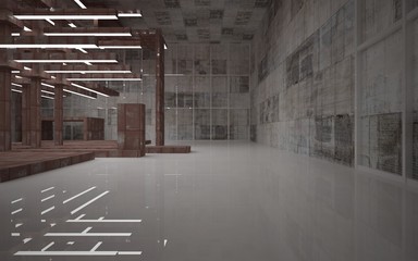 Empty abstract room interior of sheets rusted metal, brown concrete and white glossy floor. Architectural background. 3D illustration and rendering