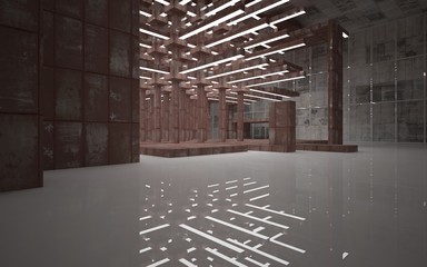 Empty abstract room interior of sheets rusted metal, brown concrete and white glossy floor. Architectural background. 3D illustration and rendering