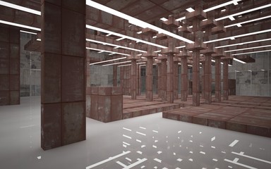 Empty abstract room interior of sheets rusted metal, brown concrete and white glossy floor. Architectural background. 3D illustration and rendering