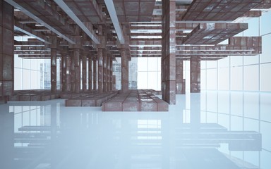 Empty abstract room interior of sheets rusted metal and beige concrete. Architectural background. 3D illustration and rendering