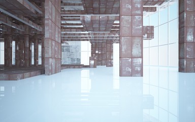 Empty abstract room interior of sheets rusted metal and beige concrete. Architectural background. 3D illustration and rendering