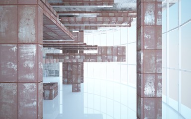 Empty abstract room interior of sheets rusted metal and beige concrete. Architectural background. 3D illustration and rendering