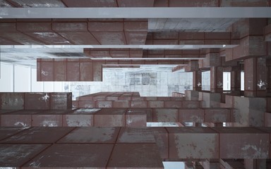 Empty abstract room interior of sheets rusted metal and beige concrete. Architectural background. 3D illustration and rendering