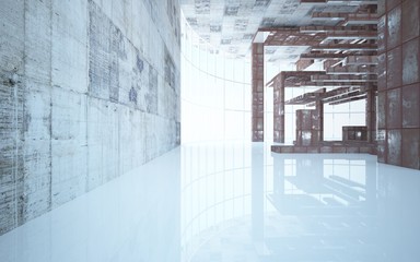 Empty abstract room interior of sheets rusted metal and beige concrete. Architectural background. 3D illustration and rendering