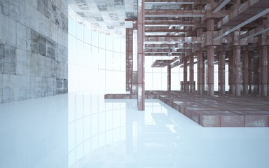 Empty abstract room interior of sheets rusted metal and beige concrete. Architectural background. 3D illustration and rendering