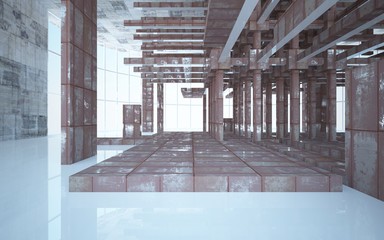 Empty abstract room interior of sheets rusted metal and beige concrete. Architectural background. 3D illustration and rendering
