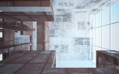 Empty abstract room interior of sheets rusted metal and beige concrete. Architectural background. 3D illustration and rendering