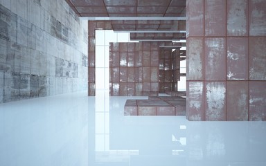 Empty abstract room interior of sheets rusted metal and beige concrete. Architectural background. 3D illustration and rendering