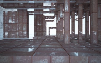 Empty abstract room interior of sheets rusted metal and beige concrete. Architectural background. 3D illustration and rendering