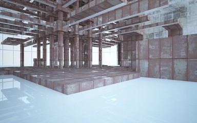 Empty abstract room interior of sheets rusted metal and beige concrete. Architectural background. 3D illustration and rendering