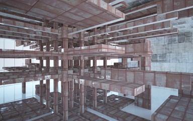 Empty abstract room interior of sheets rusted metal and beige concrete. Architectural background. 3D illustration and rendering