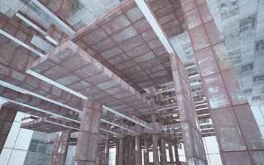 Empty abstract room interior of sheets rusted metal and beige concrete. Architectural background. 3D illustration and rendering