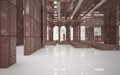 Empty abstract room interior of sheets rusted metal and beige concrete. Architectural background. 3D illustration and rendering