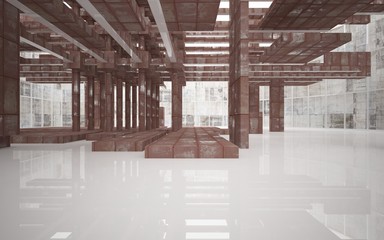 Empty abstract room interior of sheets rusted metal and beige concrete. Architectural background. 3D illustration and rendering