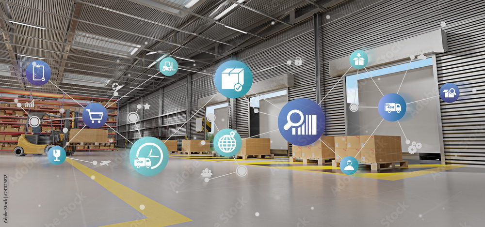 Aufkleber logistic organisation on a warehouse background 3d rendering