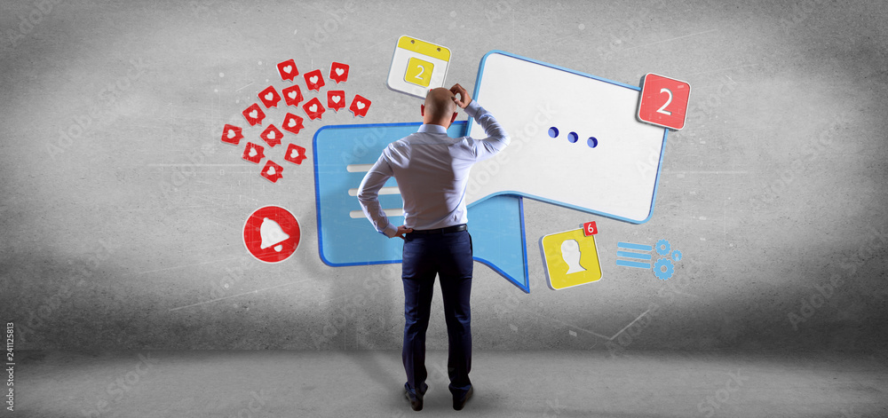 Poster businessman in front of a colorfull social network teamwork with icon 3d rendering