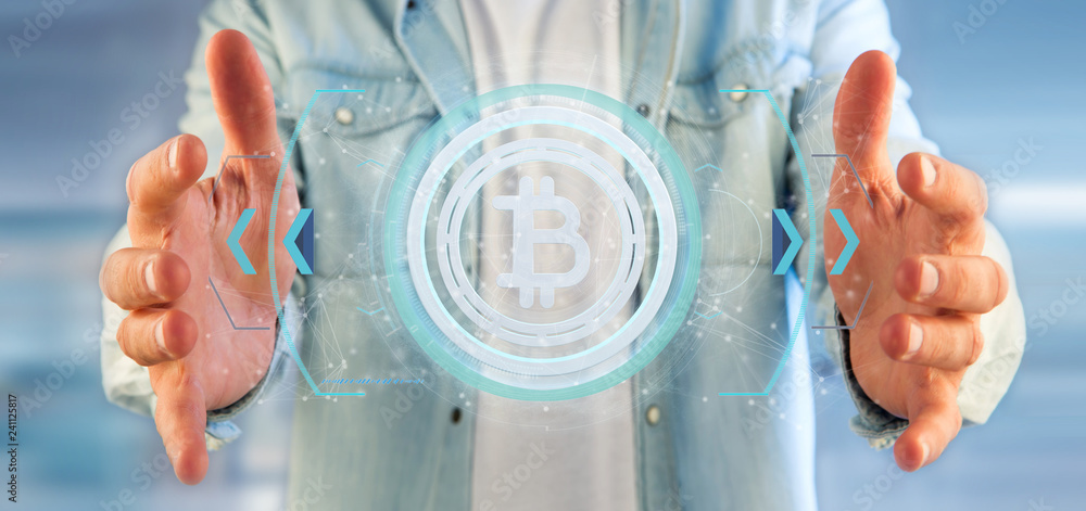 Poster man holding a technology bitcoin icon on a circle 3d rendering