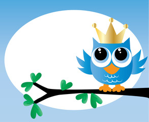 a sweet little blue owl with a golden crown
happy birthday or newborn baby announcement