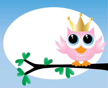 a sweet little pink owl with a golden crown
happy birthday or newborn baby announcement