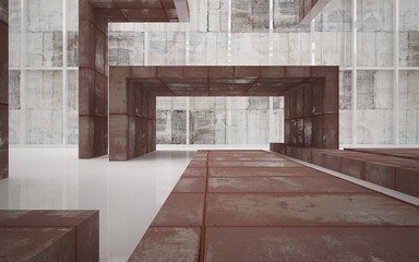 Empty abstract room interior of sheets rusted metal and beige concrete. Architectural background. 3D illustration and rendering