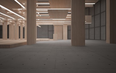 Abstract  concrete and wood interior multilevel public space with neon lighting. 3D illustration and rendering.