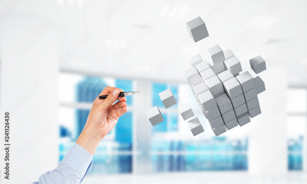 Fototapete integrating new technologies concept with cube figure floating in air. mixed media