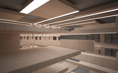 Abstract  concrete and wood interior multilevel public space with neon lighting. 3D illustration and rendering.