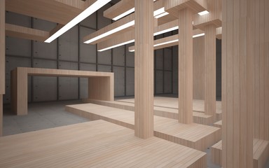 Fototapeta premium Abstract concrete and wood interior multilevel public space with neon lighting. 3D illustration and rendering.