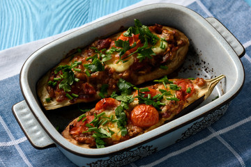 Oven roasted stuffed eggplants with tomatoes and mozzarella. 