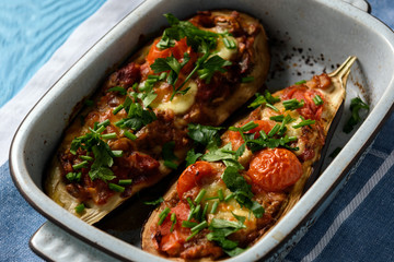 Oven roasted stuffed eggplants with tomatoes and mozzarella. 