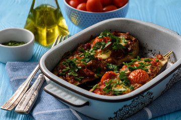 Oven roasted stuffed eggplants with tomatoes and mozzarella. 
