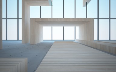 Abstract interior of wood, glass and concrete. 3D illustration. rendering 