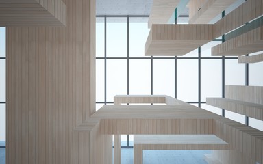 Abstract interior of wood, glass and concrete. 3D illustration. rendering 