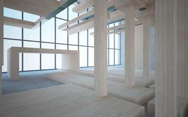 Abstract interior of wood, glass and concrete. 3D illustration. rendering 