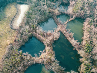 aerial shot from the drone,ponds in the green. Laghetti delle Noghere , Muggia Italy 