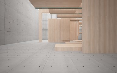 Abstract interior of wood, glass and concrete. 3D illustration. rendering 