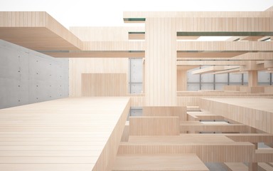 Abstract interior of wood, glass and concrete. 3D illustration. rendering 