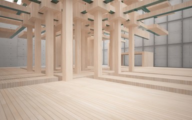 Abstract interior of wood, glass and concrete. 3D illustration. rendering 