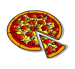 Pizza salami with mushrooms typical Italian cuisine clipart