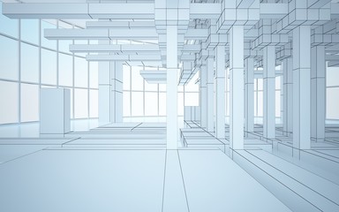 Abstract white interior highlights future. Polygon drawing. Architectural background. 3D illustration and rendering